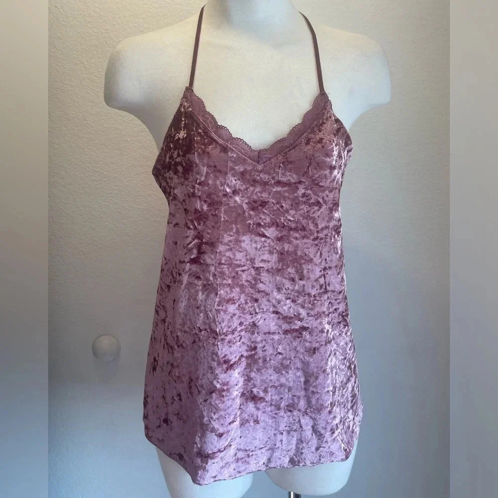 Racer back velvet lace trim tank top blouse small mauve boho peasant festival